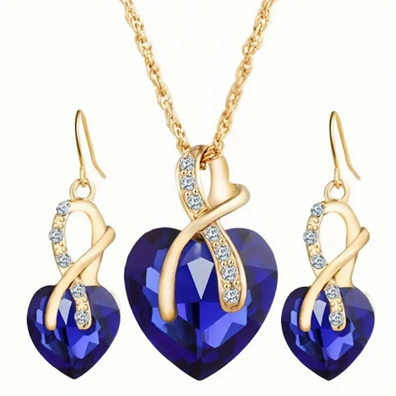 Or Saphir Cœur Collier et Boucles d'Oreilles Set