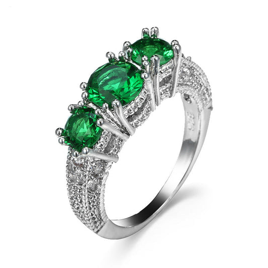 Argent Émeraude Three-Stone Bague