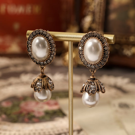 Vintage Perle Frame Boucles d'Oreilles Pendantes