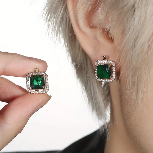 Doré Vert Carré Zircone Boucles d'Oreilles | Or