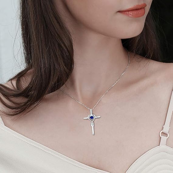 Saphir Cœur Pierre Croix Collier | Or Blanc
