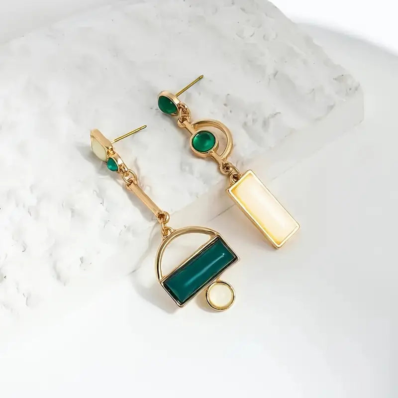 Or Émeraude Géométrique Boucles d'Oreilles Pendantes