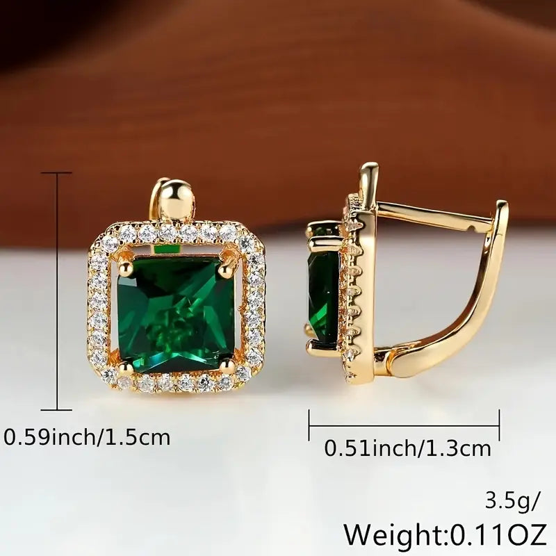 Doré Vert Carré Zircone Boucles d'Oreilles | Or