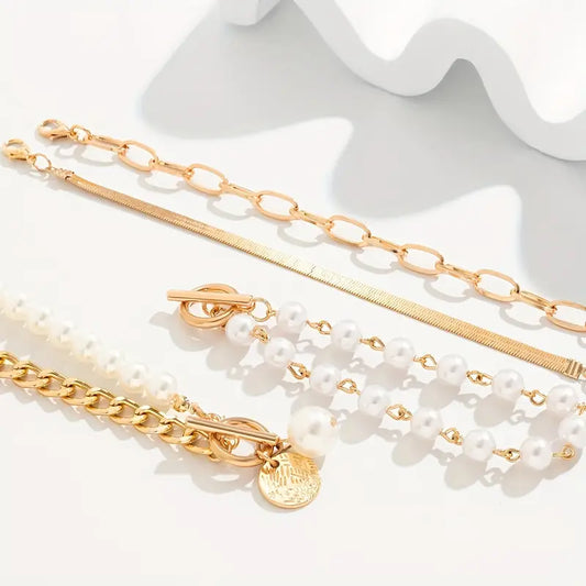 Chic Or 4-Piece Bracelet Set - Serpent, Perles & Maillons | Or