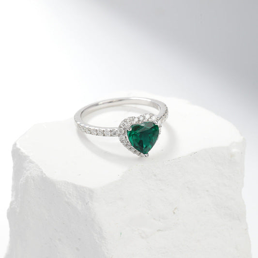 Argent Émeraude Cœur Halo Bague