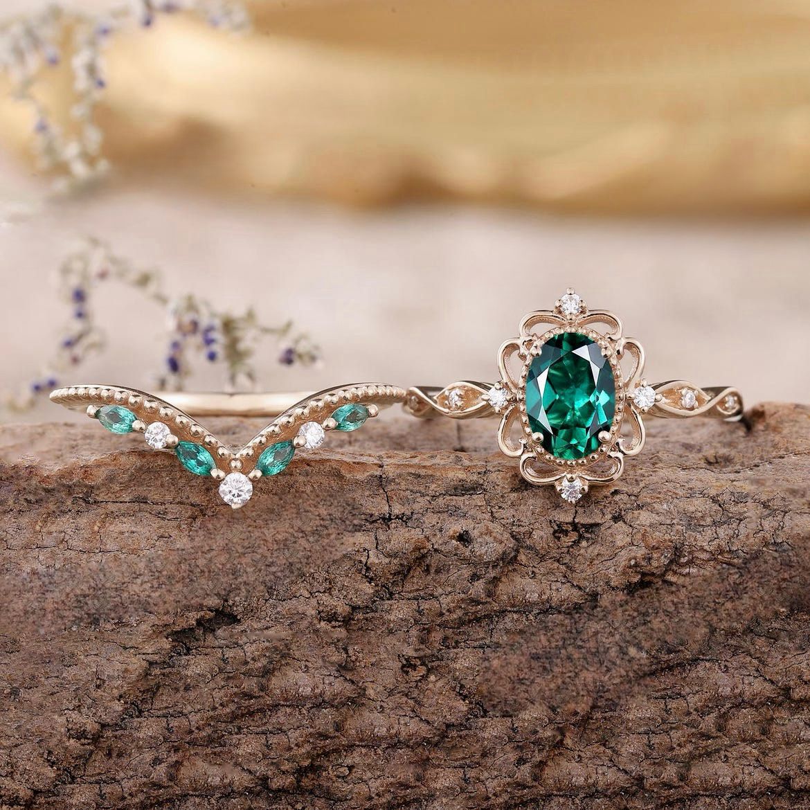 Aurelle Émeraude Bague Couronne Set | Or Rose