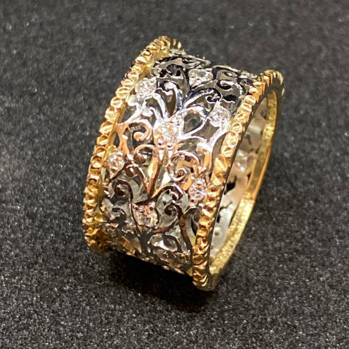 Argent et Or Ornate Anneau Bague