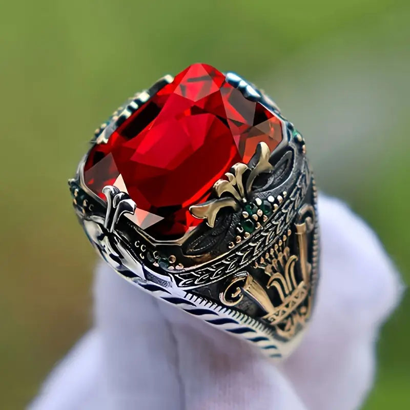 Argent Rubis Ornate Signet Bague