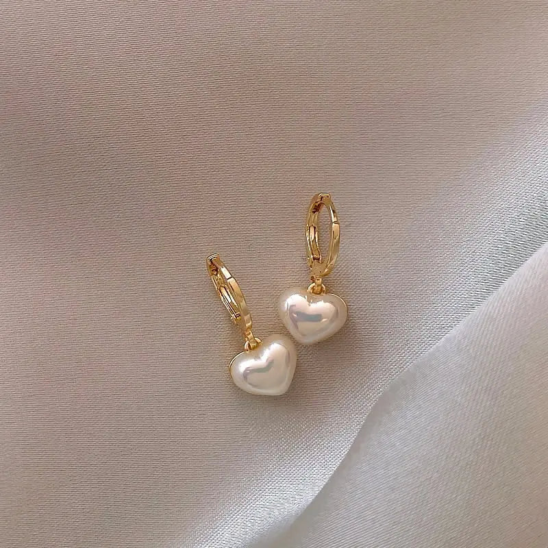 Or Cœur Perle Boucles d'Oreilles Pendantes