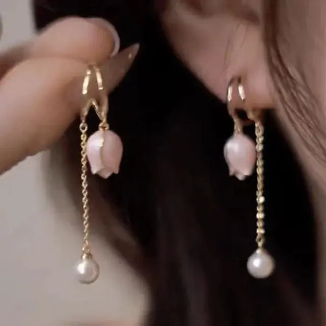 Or Floral Perle Boucles d'Oreilles Pendantes