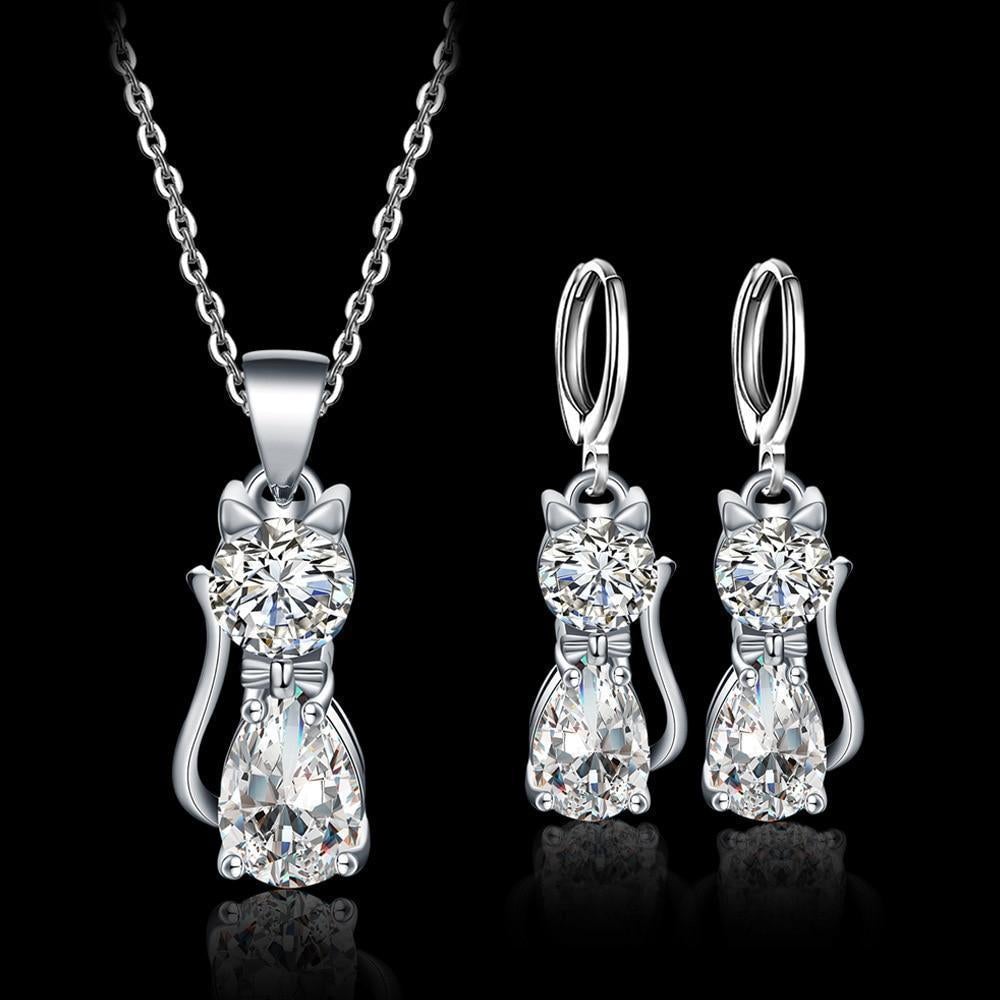 Set Collier + Boucles d'Oreilles Chats Joyeux en Argent Sterling et Zirconium Blanc Poli