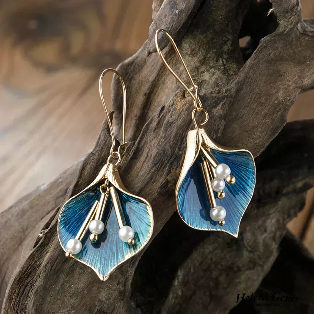 Vintage Bleu Lotus Boucles d'Oreilles