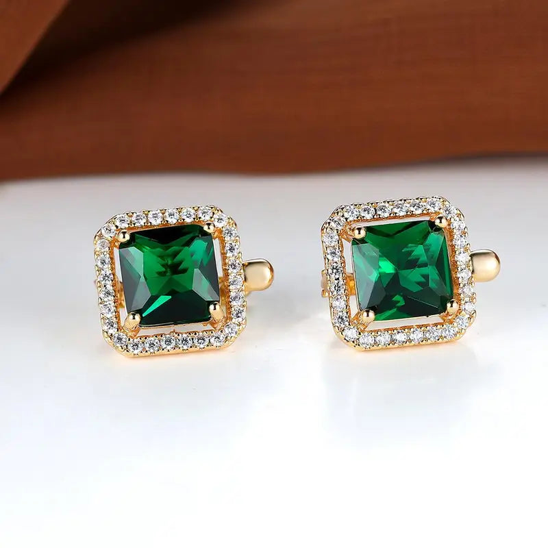Doré Vert Carré Zircone Boucles d'Oreilles | Or