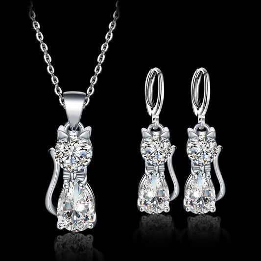 Set Collier + Boucles d'Oreilles Chats Joyeux en Argent Sterling et Zirconium Blanc Poli